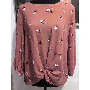 Pink Republic Knotted Hem Top Size S Round Neckline Floral Print 3/4 Sleeves